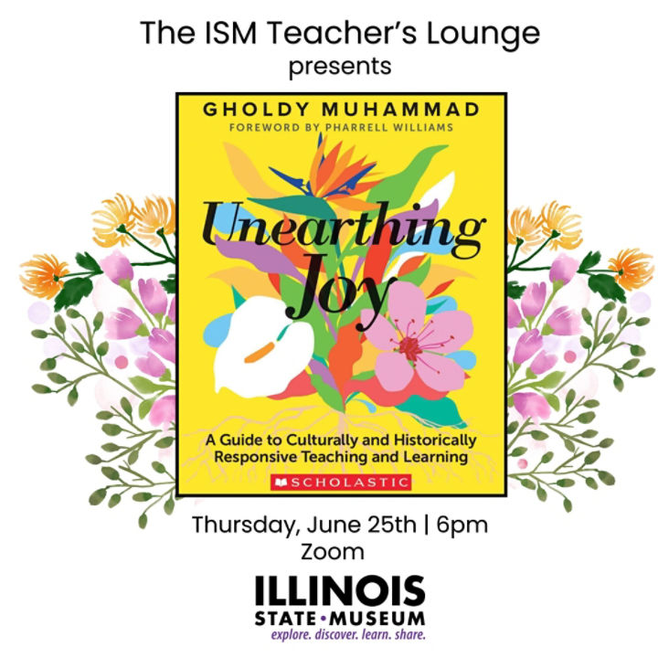  front cover of Unearthing Joy by Gholdy Muhammad. Title covers an arrangement of illustrated flowers over a yellow background.